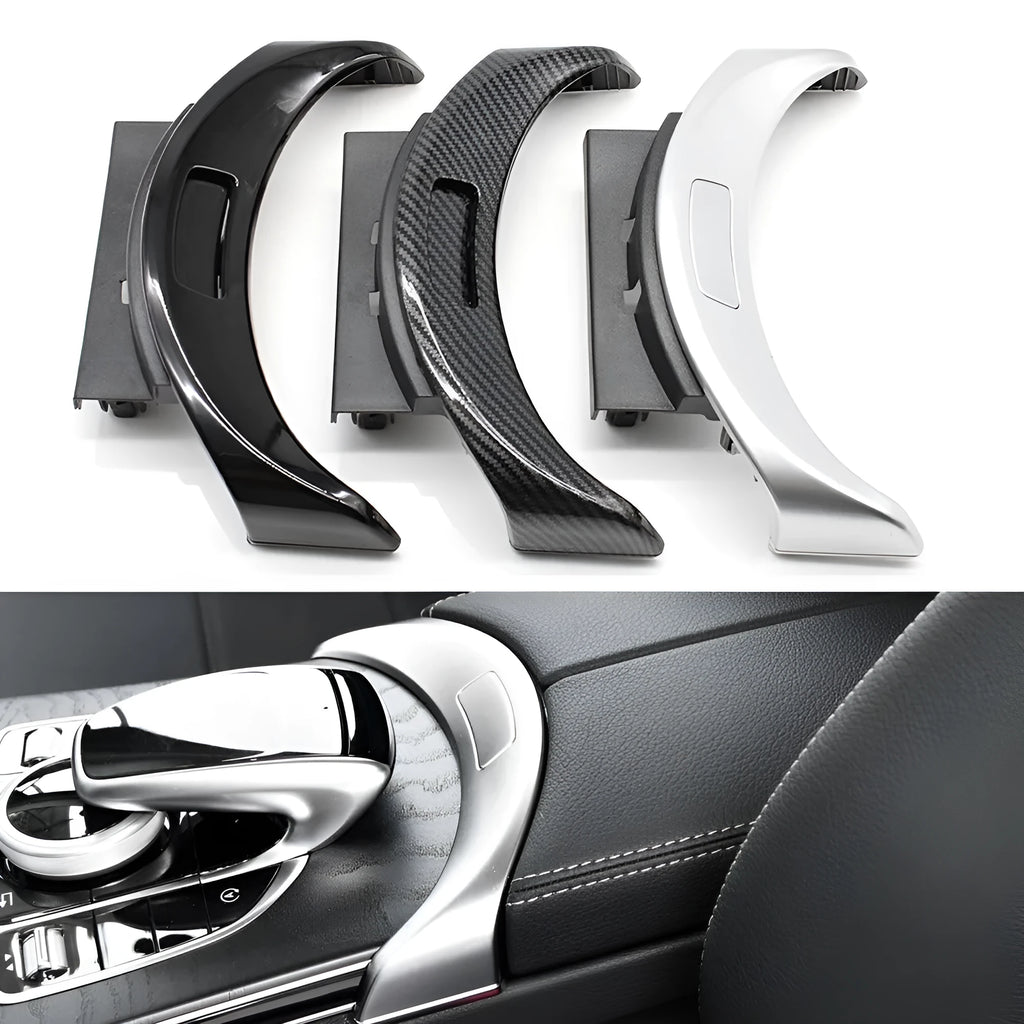 Electroplated replacement panel for Mercedes C-Class GLC-Class armrest button in silver, black, or carbon finish.