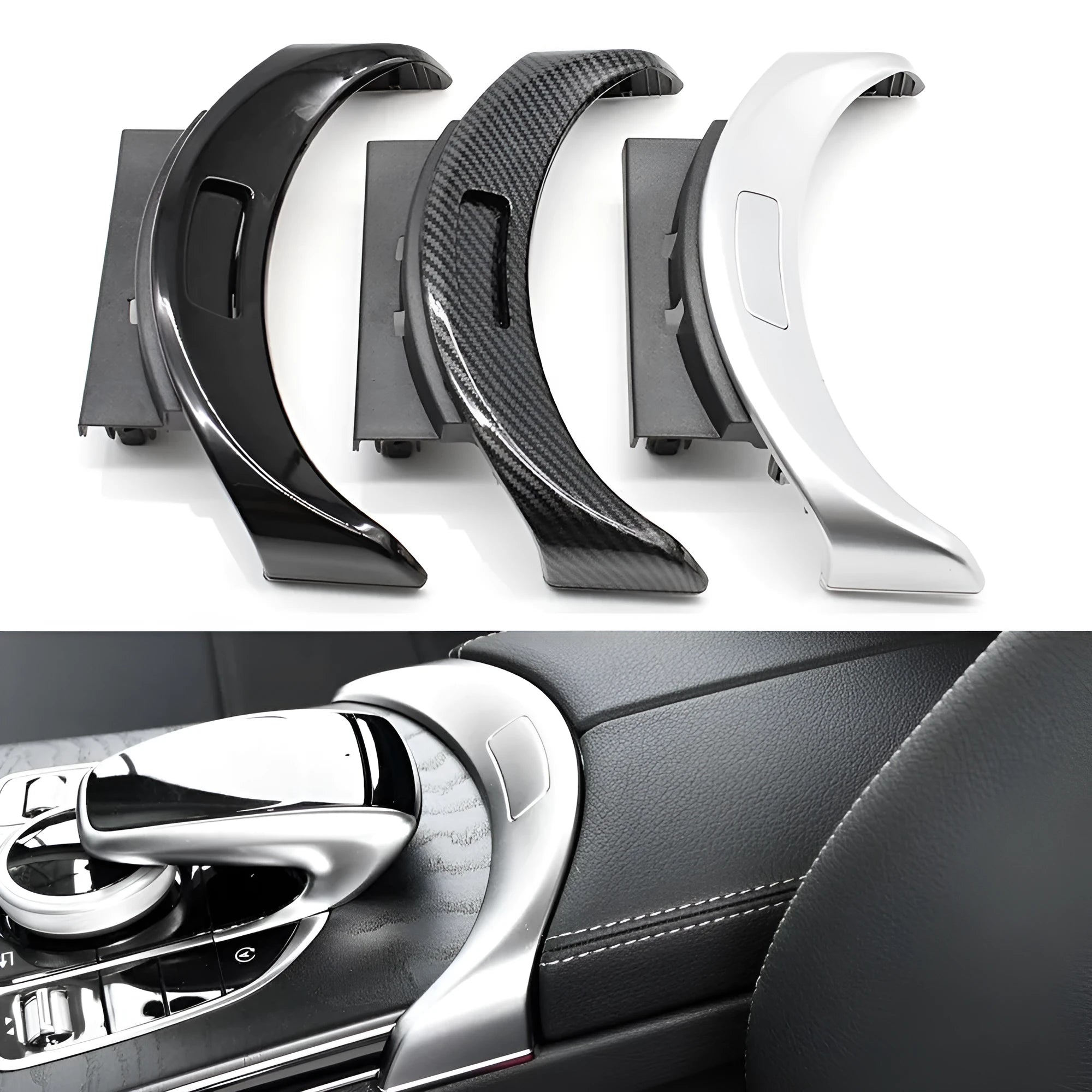 Electroplated replacement panel for Mercedes C-Class GLC-Class armrest button in silver, black, or carbon finish.