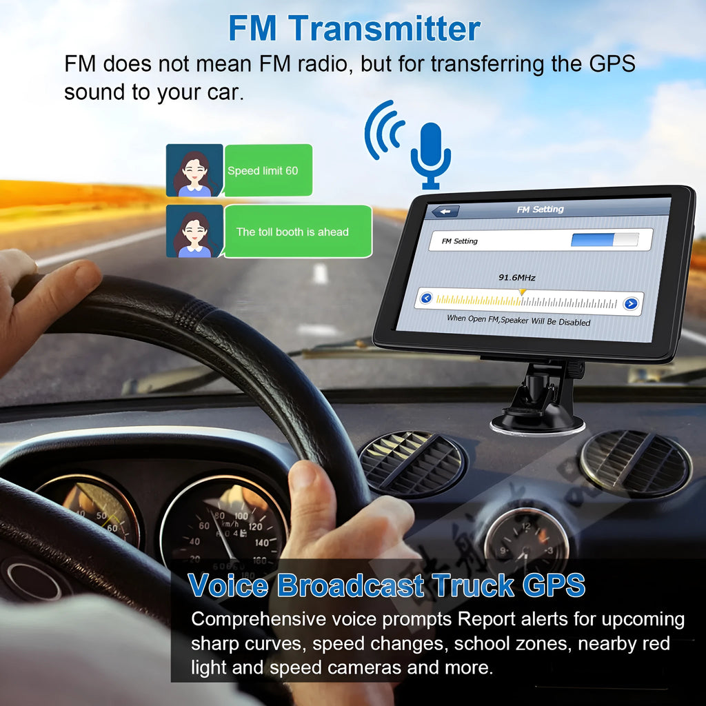 7 inch car GPS navigation device with touch screen display showing maps