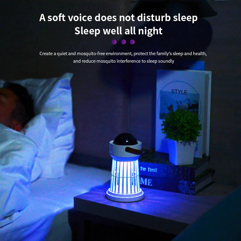 White electric mosquito killer lamp with star projection feature and foldable handle for indoor and outdoor use