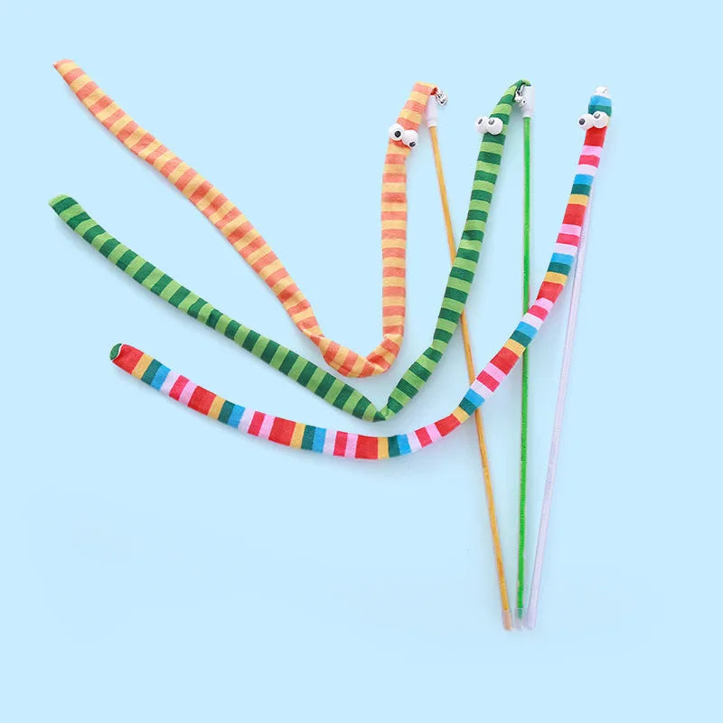 Cat wand toy with polycarbonate pole and long plush strip in green, orange, or rainbow colours