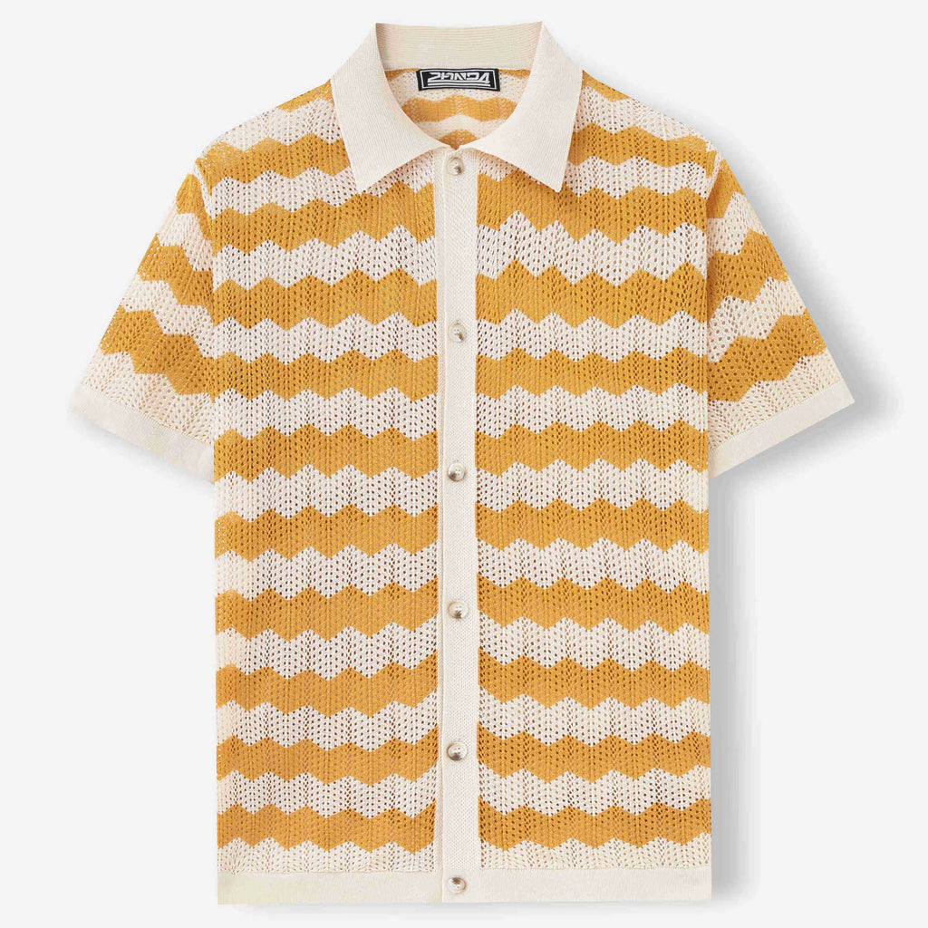 Short sleeve corrugated Tencel sweater with a blue hollow jacquard texture on a hanger.
