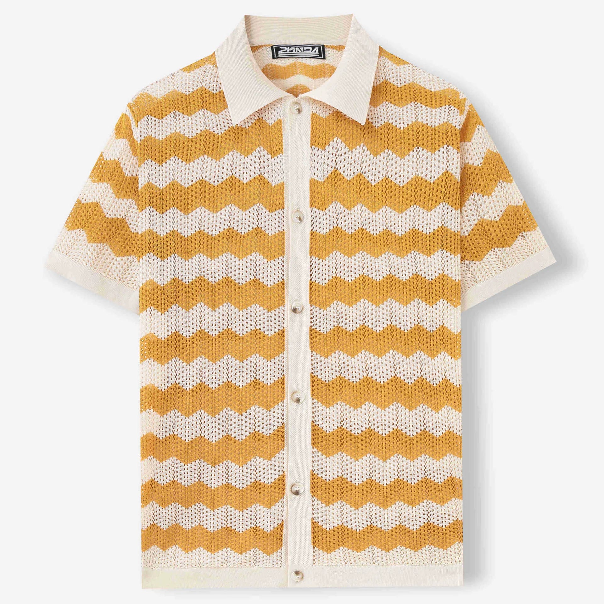 Short sleeve corrugated Tencel sweater with a blue hollow jacquard texture on a hanger.