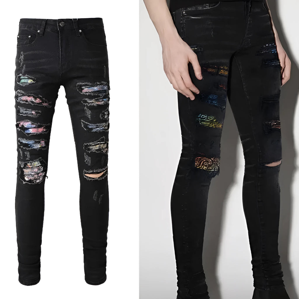 Men's black denim jeans with tattered hem and simple print patch detail