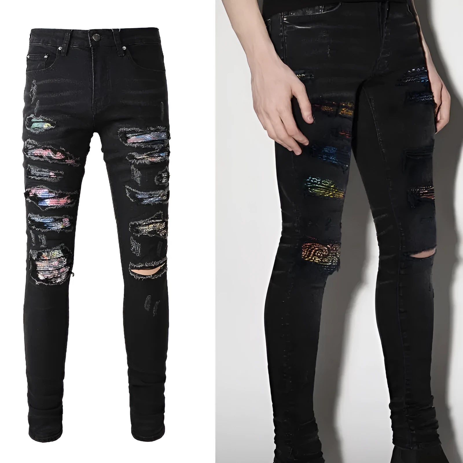 Men's black denim jeans with tattered hem and simple print patch detail