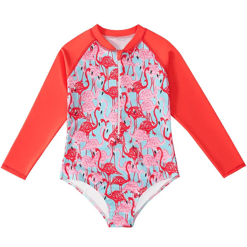 Girl's long-sleeve one-piece swimming suit in polyester briefs style