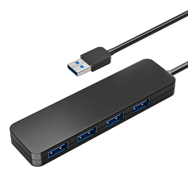 USB 3.0 hub with four ports, blue LED indicators, and 30 cm connection cable