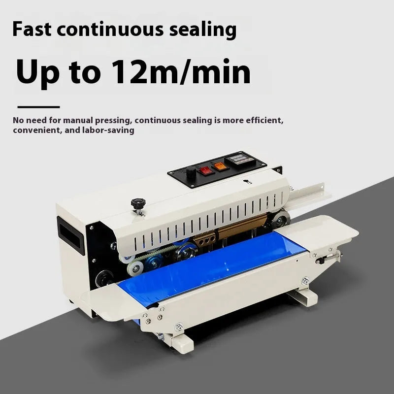 Compact steel seal manual sealing machine with adjustable date stamp for printing on bags.