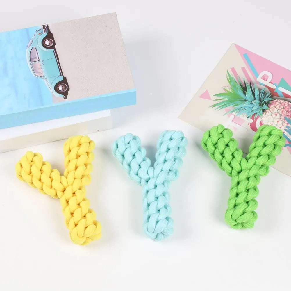 Blue Y-shaped cotton rope dog toy for large dogs on a plain background.
