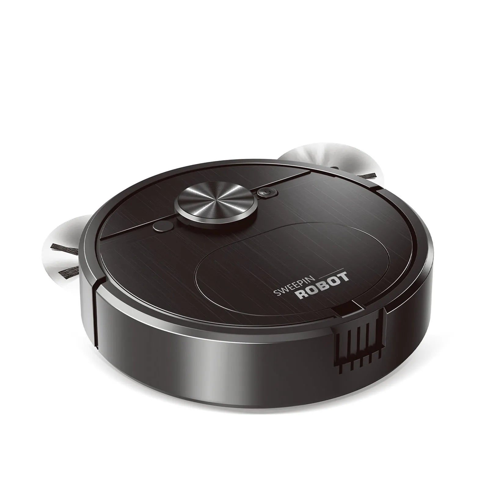 USB charging robot vacuum cleaner with automatic 3-in-1 cleaning functions in black or white colour.