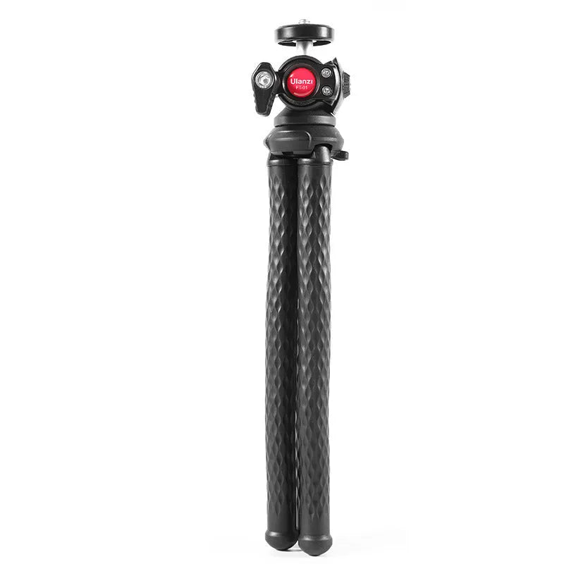 Black aluminium mobile phone tripod set with adjustable legs and phone clip attached