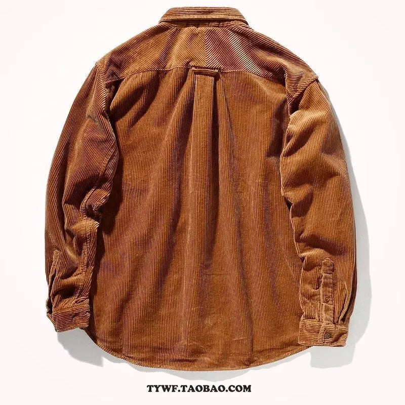 A caramel coloured corduroy loose shirt with long sleeves, shown in a cardigan style.