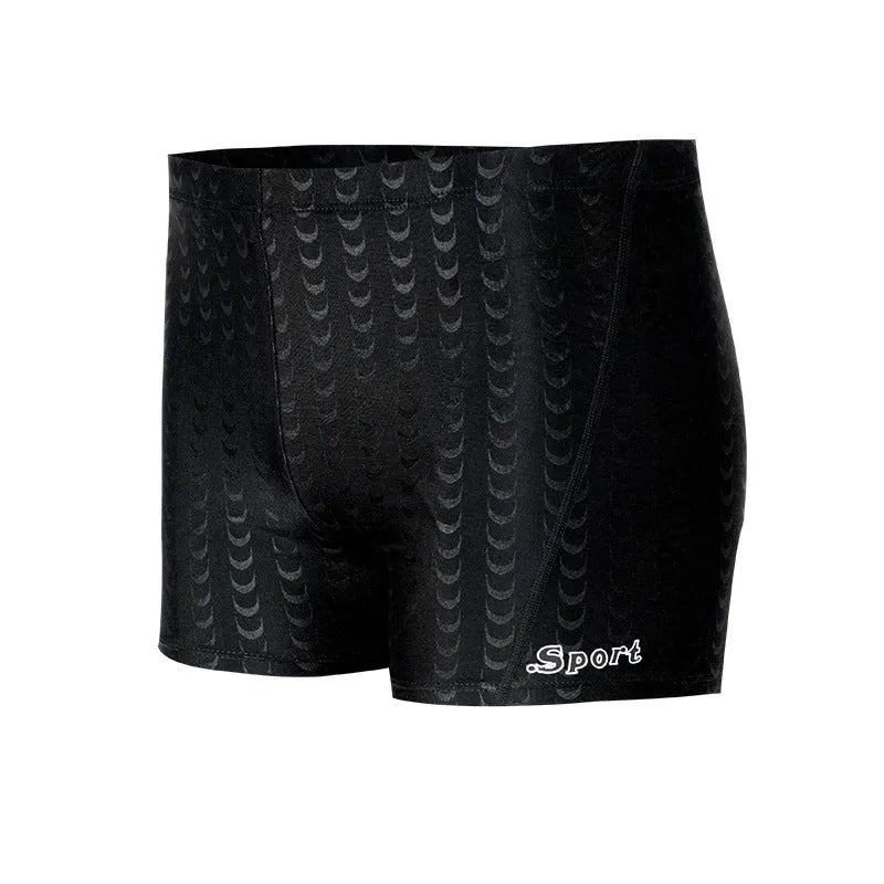 Men's solid colour waterproof polyester swimming trunks for beach and surf, shown in larger sizes.