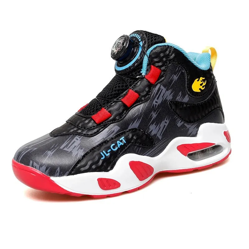 Children's rotating button basketball shoes in multiple colours with synthetic leather upper and PU sole.