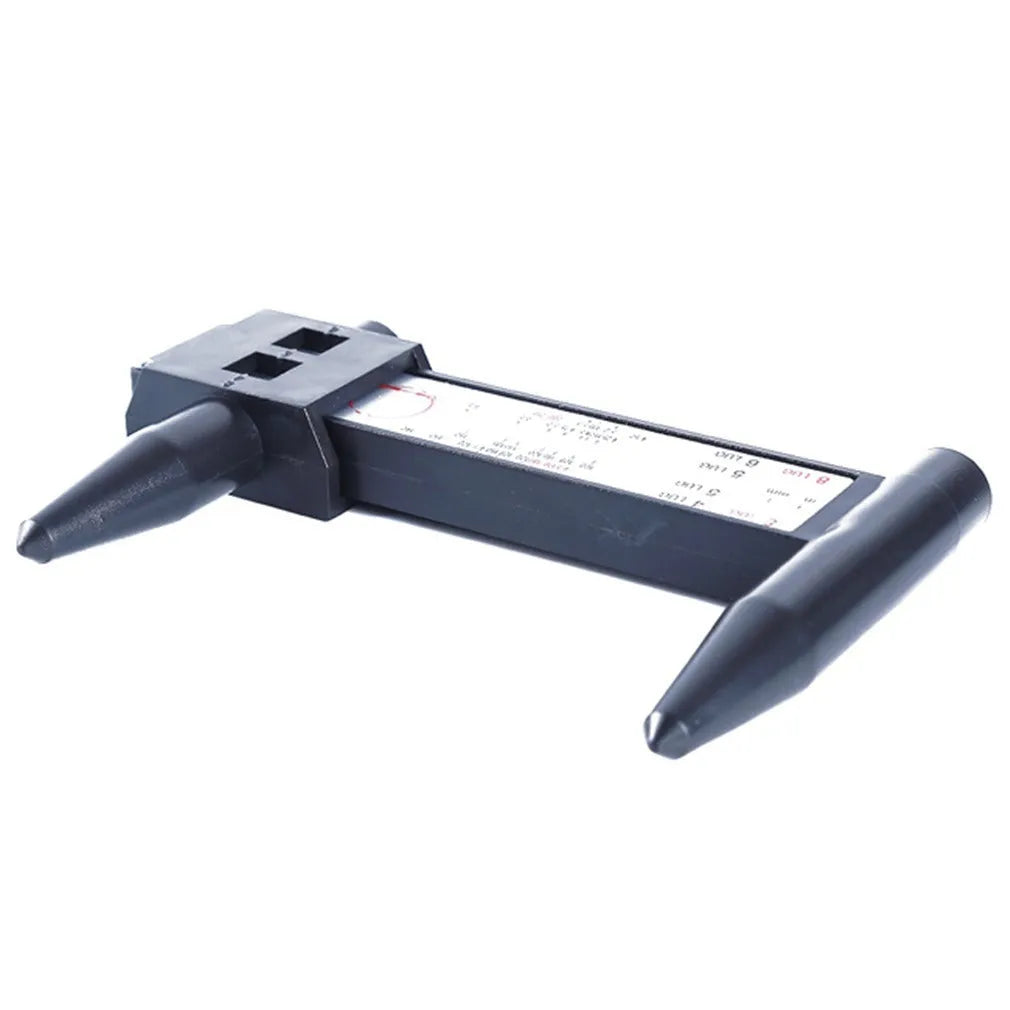 Electronic digital plastic caliper for measuring hole distances, shown with digital display.