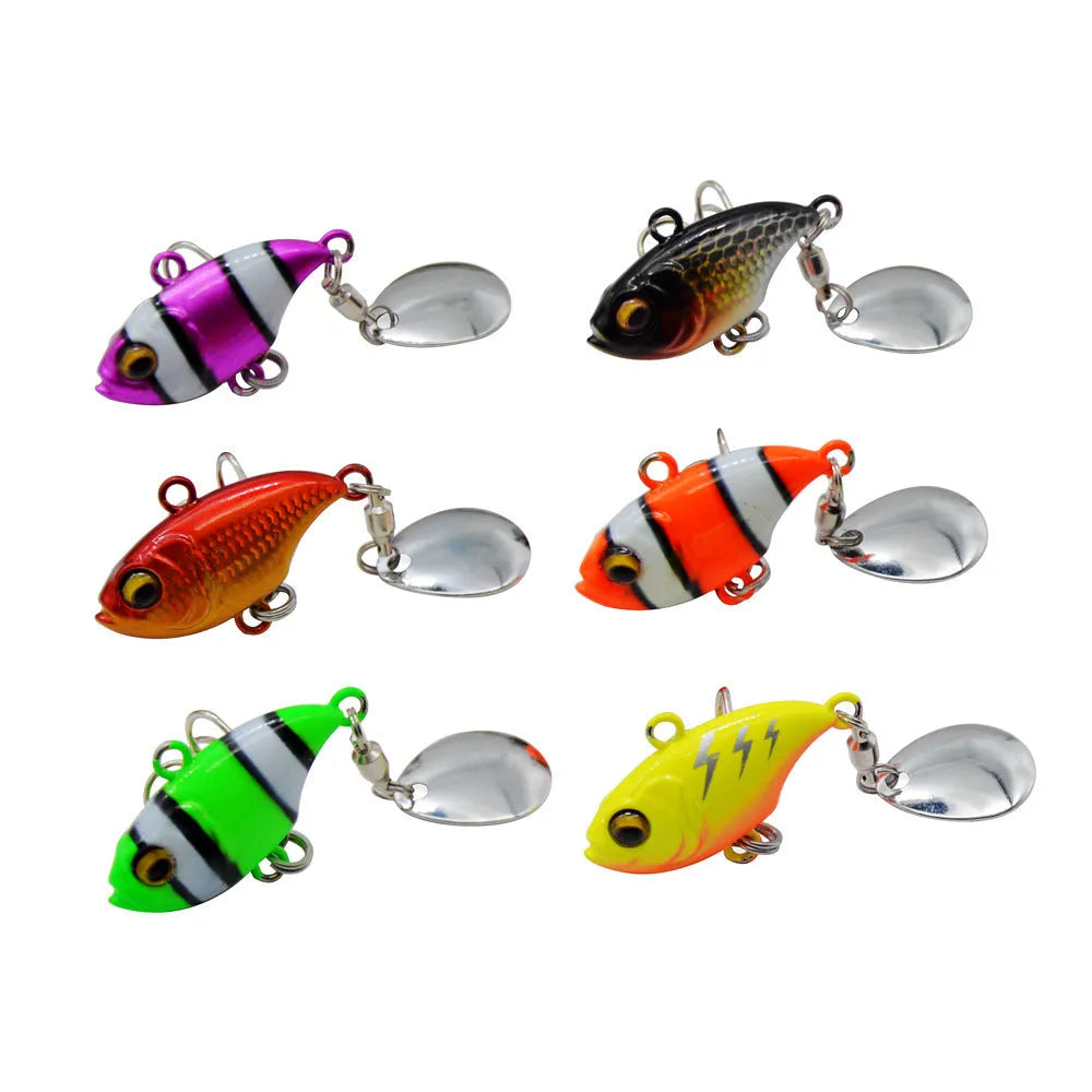 Metal sea fishing lure with rotating sequins in six colour patterns for saltwater gamefish