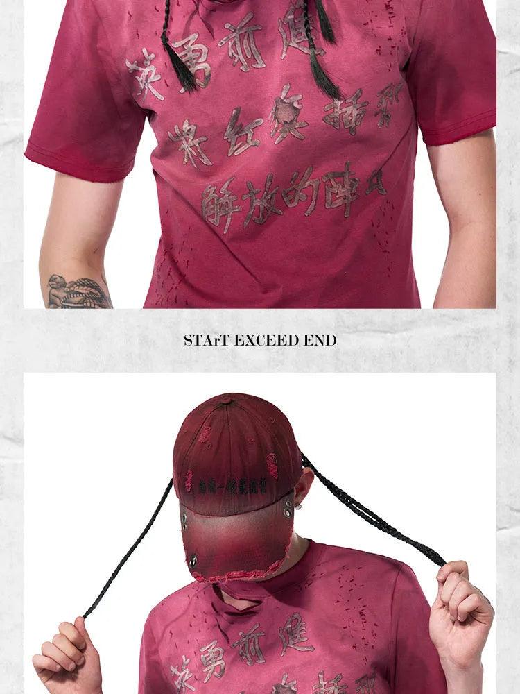 Rose red cotton peak cap with adjustable strap and spray design detail