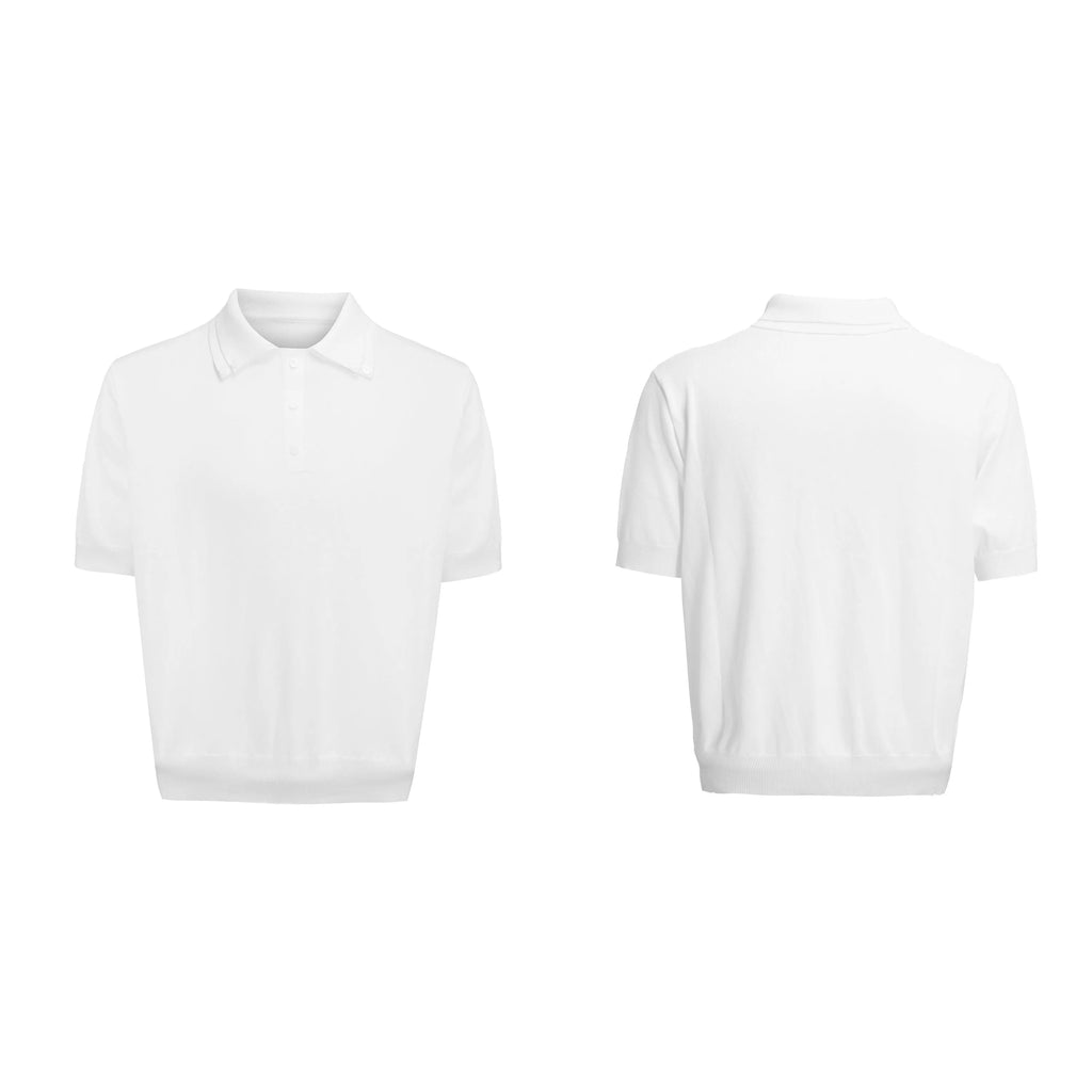 Men's slim knit polyester short sleeve shirt with double collar design in black colour showing fastener decoration detail