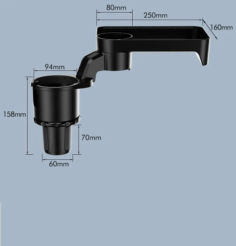 Black ABS plastic car-mounted dinner tray holder rotating in a vehicle cup holder.