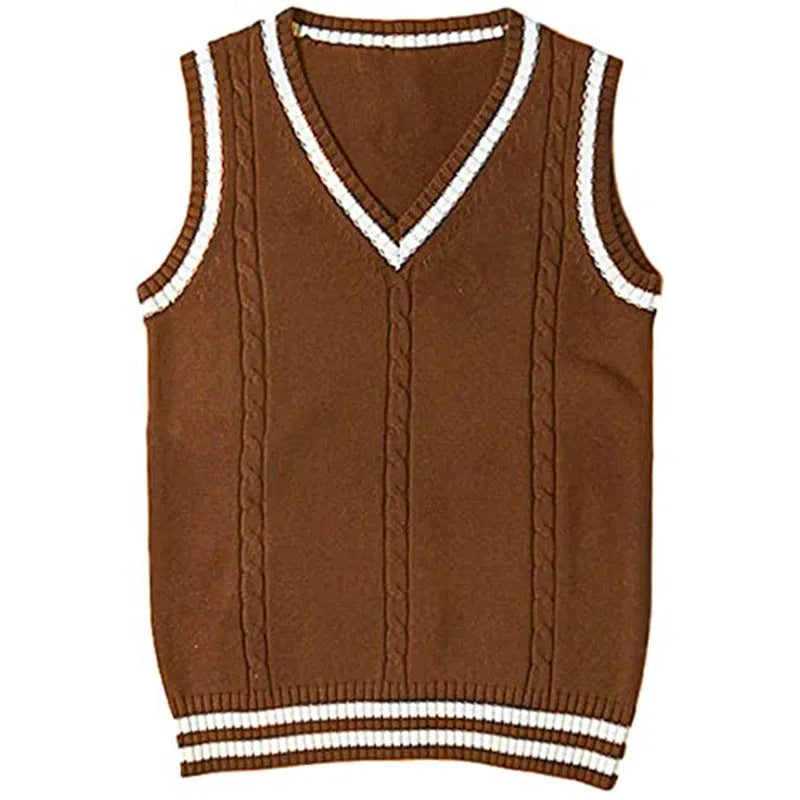 Women's slim fit acrylic knitted sweater with V-neck waistcoat style and striped stitching detail in dark blue colour