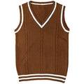 Women's slim fit acrylic knitted sweater with V-neck waistcoat style and striped stitching detail in dark blue colour
