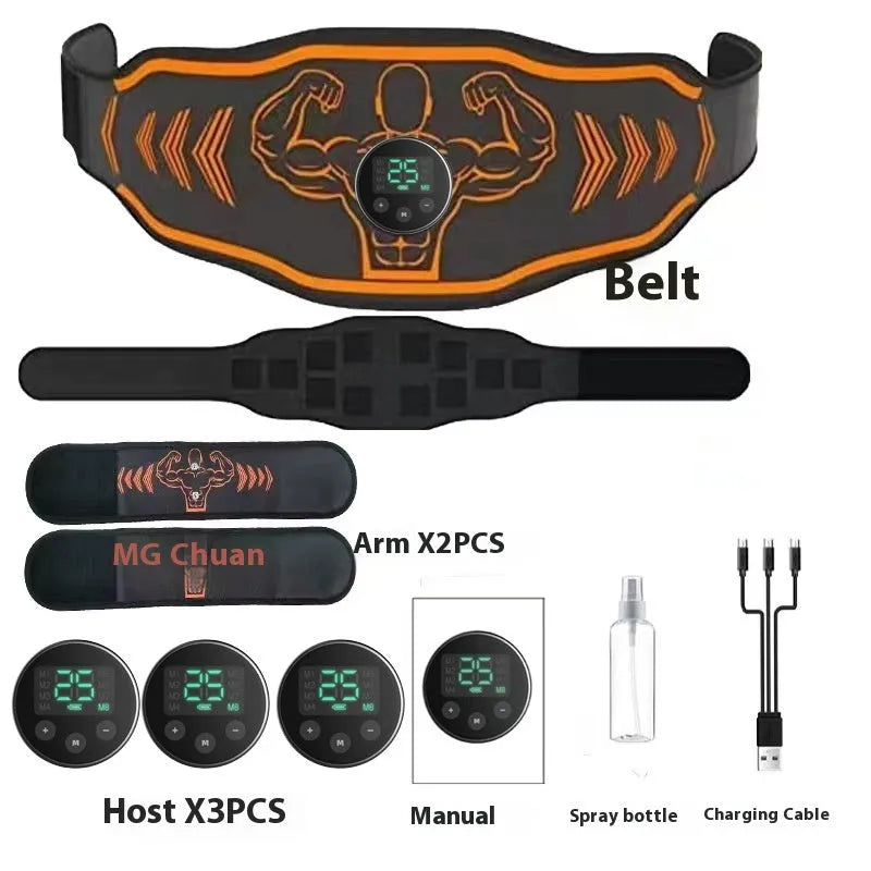 Blue and orange smart EMS massage belt fitness equipment with rechargeable host and arm stickers.