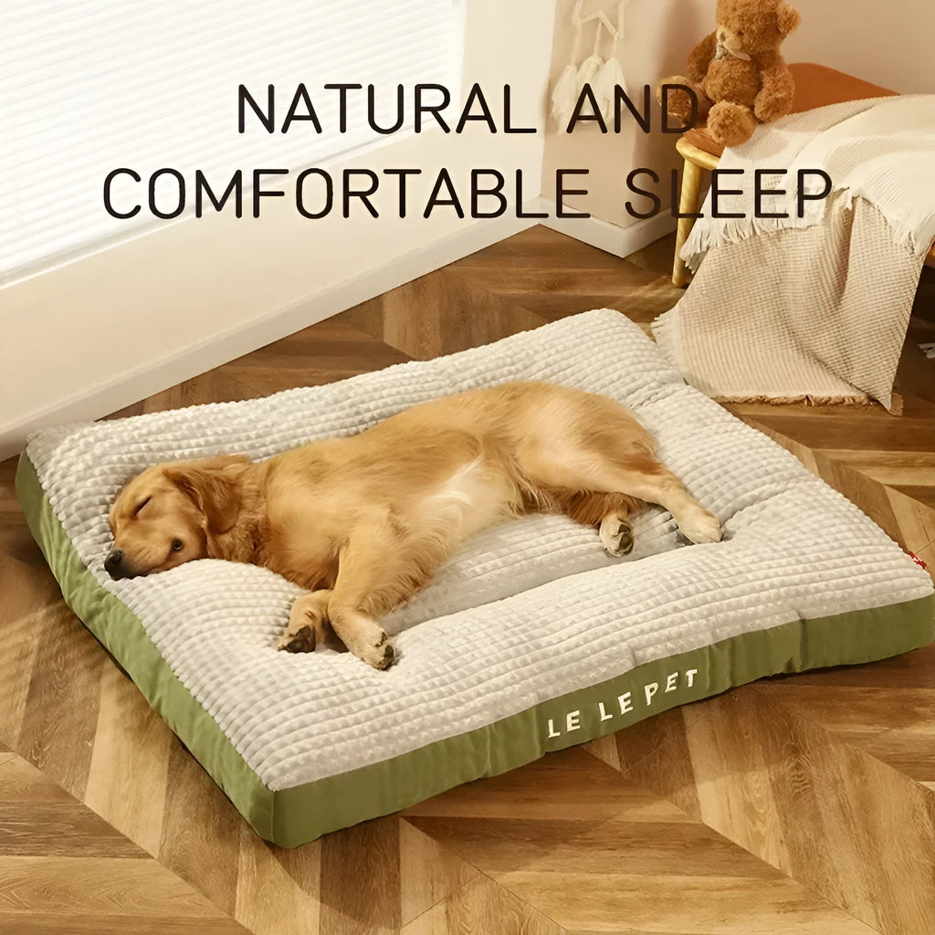 Detachable soft fleece dog bed in green, shown with blanket separated from the cushion base.