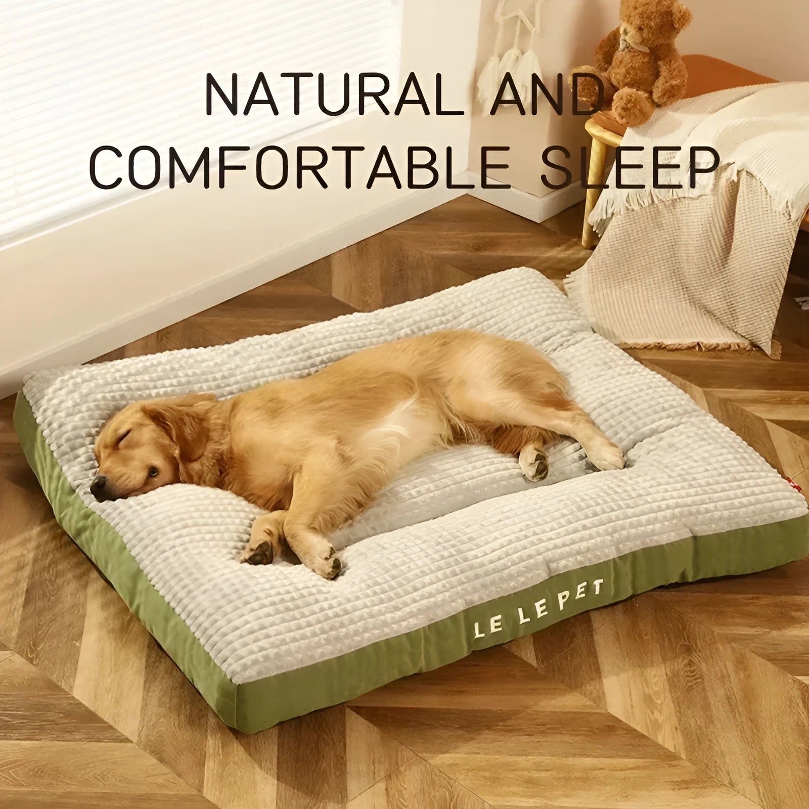 Detachable soft fleece dog bed in green, shown with blanket separated from the cushion base.