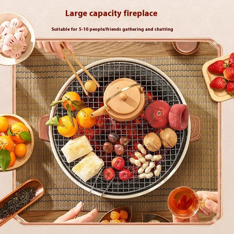 Portable indoor charcoal tea cooking stove with grill rack on a table.