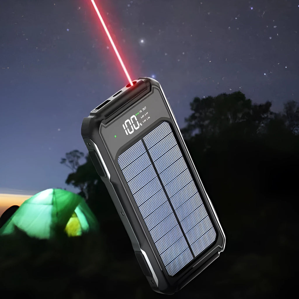Black military grade portable power bank showing size comparison with a mobile phone.
