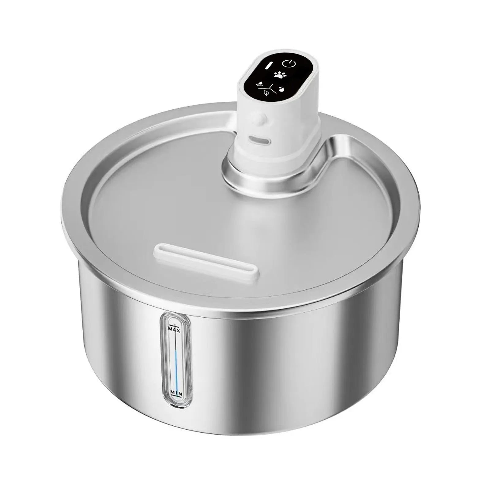 Stainless steel pet water fountain with a white heating base on a wooden floor.