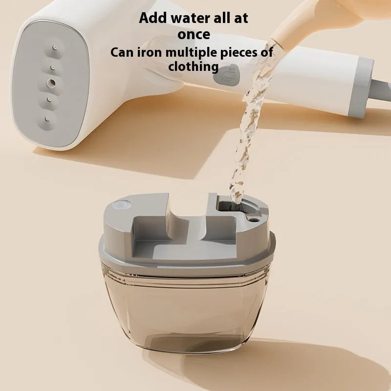 Blue or white handheld garment steamer with power cord and steam nozzle, showing compact size.