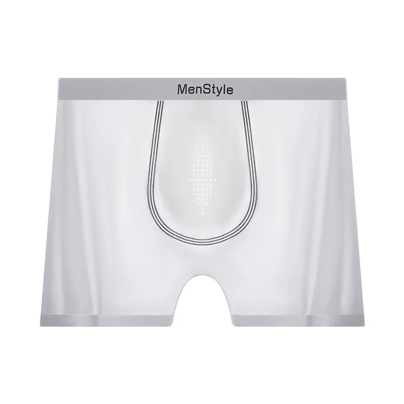 Men's satin ice silk seamless boxer shorts in mid-waist style, shown in dark grey colour.