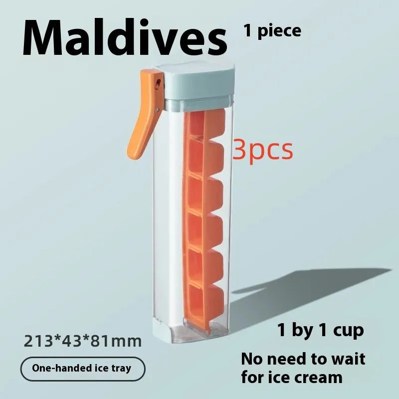 Food grade plastic ice cube tray with one-press release lever and storage box in Maldives blue or pearl white
