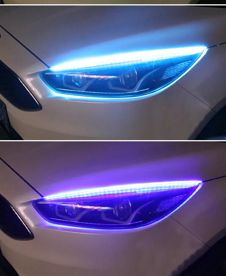 Colourful RGB LED daytime running light strip with remote control for vehicles.