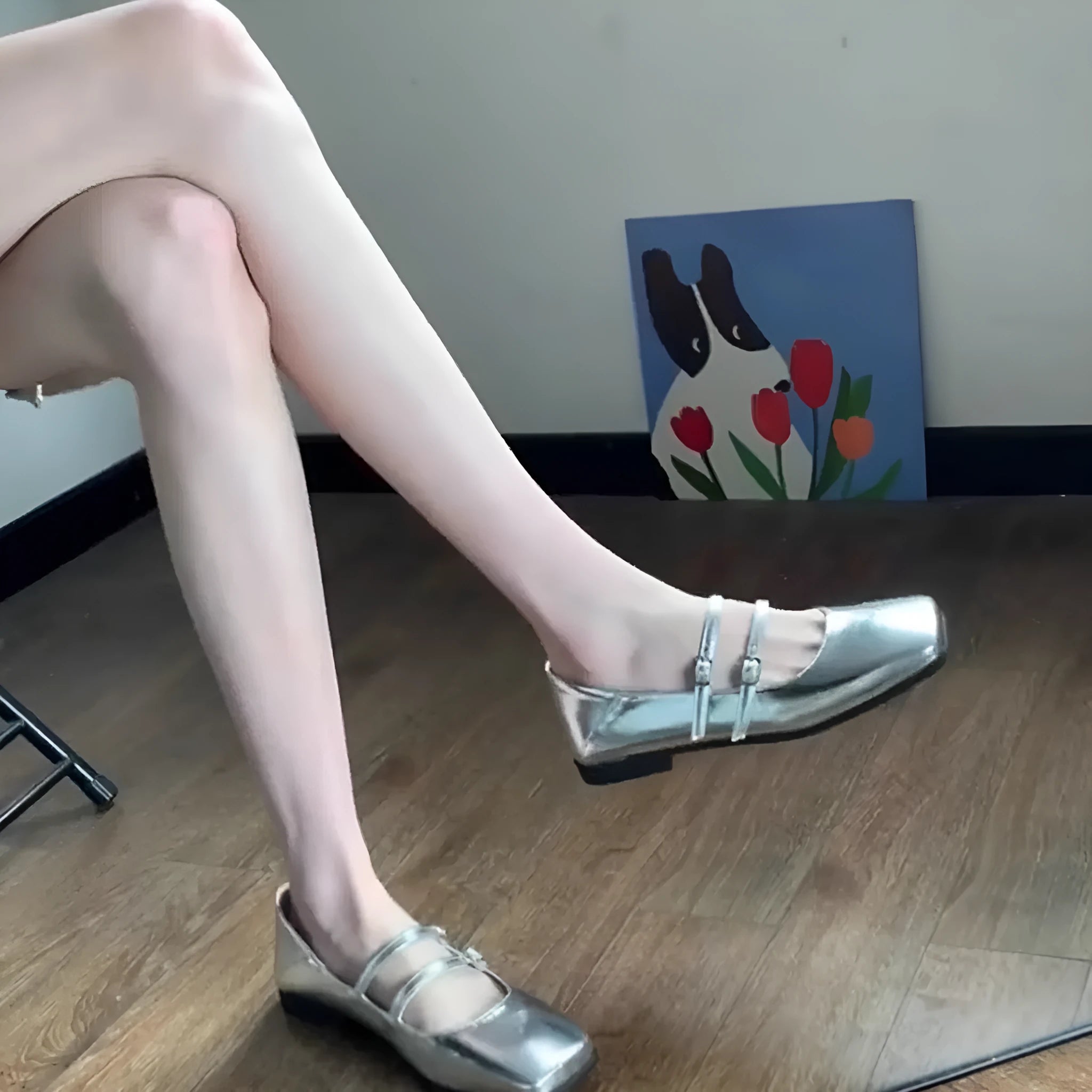 Women's silver genuine leather ballet flats with cross buckle strap and Mary Jane styling