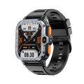 Black Android smart watch with touch screen displaying time, worn on wrist.