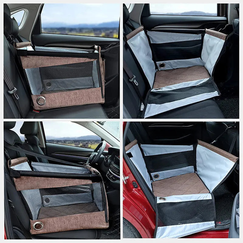 Oxford cloth collapsible dog car crate in black, grey, or brown colours measuring 49x49x38cm