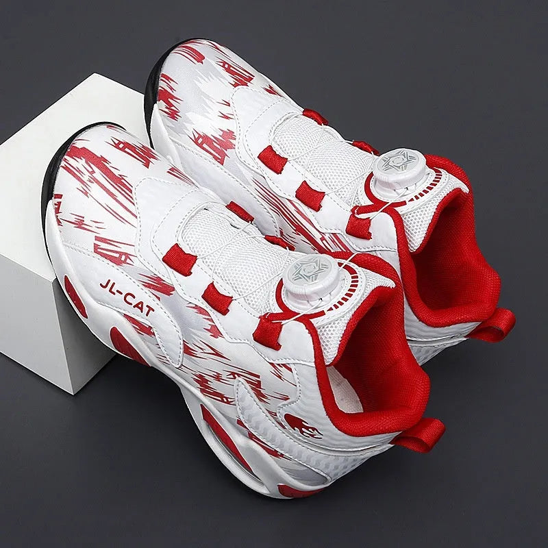 Children's rotating button basketball shoes in multiple colours with synthetic leather upper and PU sole.