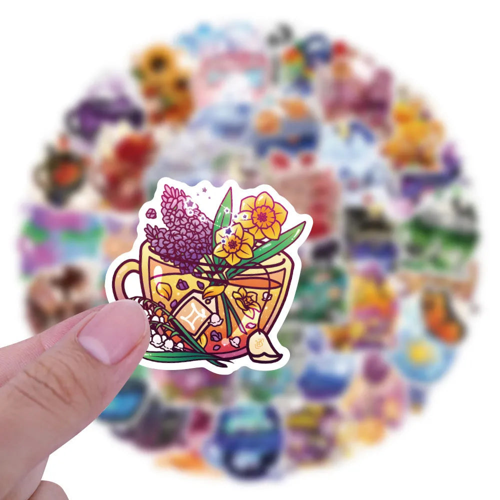 Colourful tea cup design waterproof stickers in Nordic style, set of 50 pieces for luggage and scooter decoration.