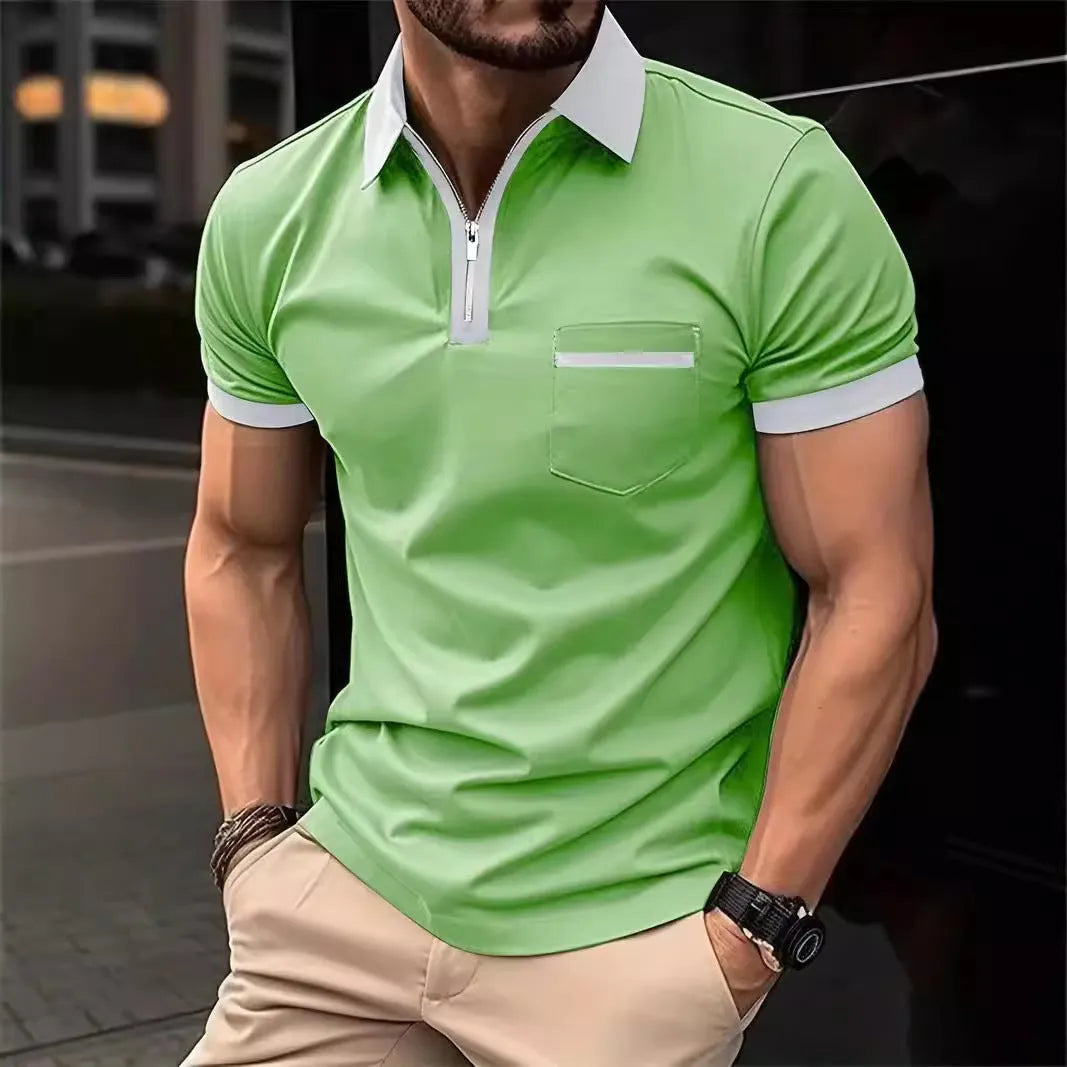 Man wearing a loose-fit casual short sleeve shirt with a chest pocket and contrast collar.