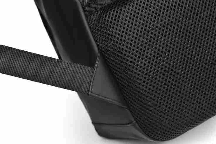 Large black waterproof PU leather backpack for men with prominent stitching, shown next to blue and grey colour options.