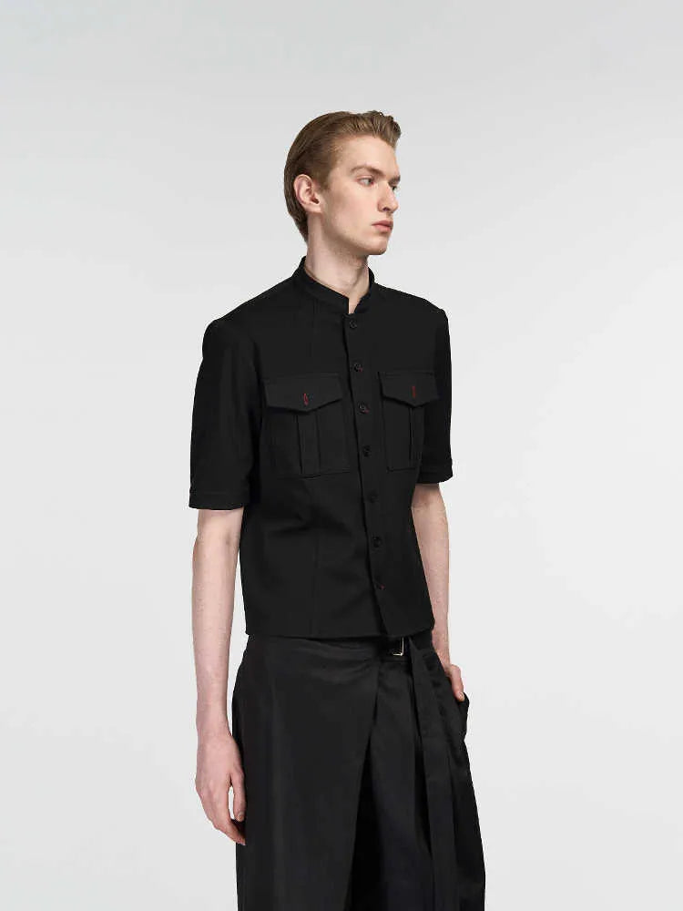 Handmade black half sleeve hunting shirt with shirt collar and single-breasted placket, loose fit design