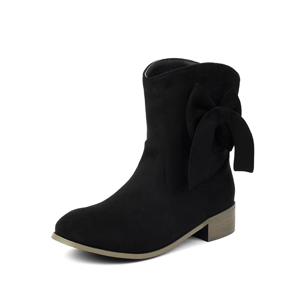 Low heel suede sweet bow casual boots for women, square toe, low tube, in burgundy with bow detail