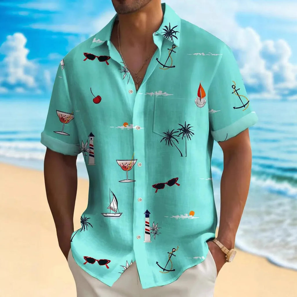 Man wearing a loose-fit digital print Hawaiian shirt in a colourful pattern.