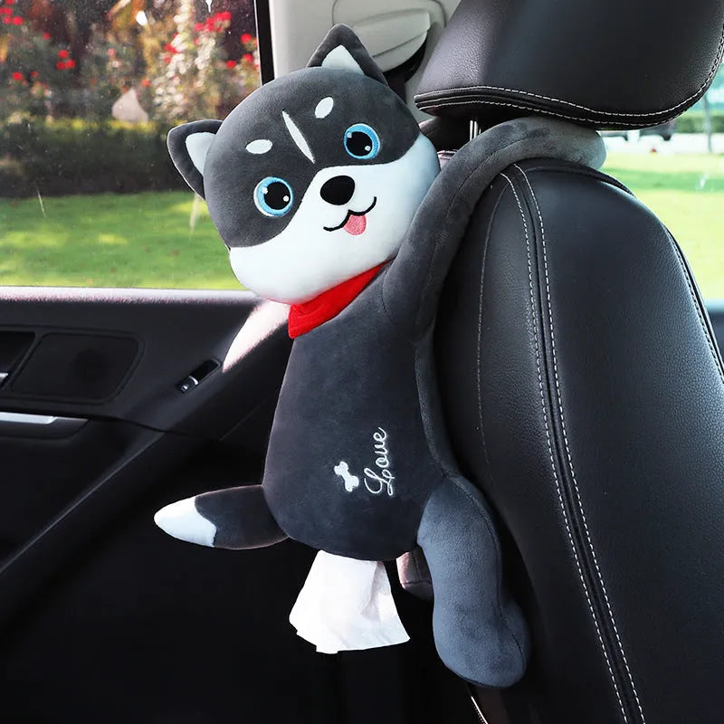 Plush car seat tissue holder with strap attached to vehicle seat back in animal design