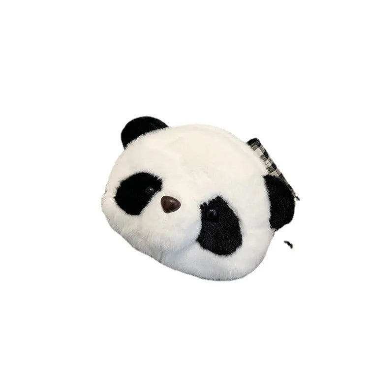 Soft plush panda head crossbody bag with cylindrical shape and sandwich pocket.