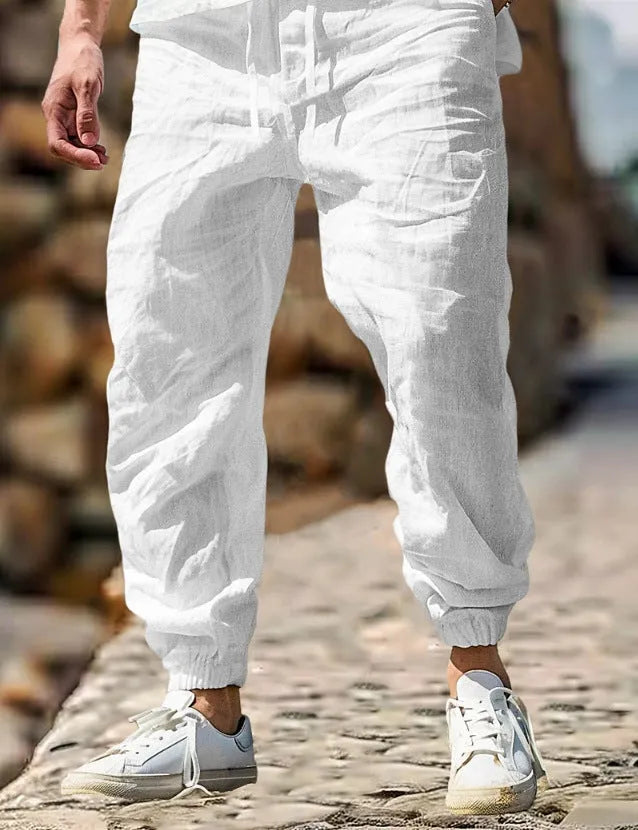 Men's straight leg linen trousers with elastic waistband in army green colour
