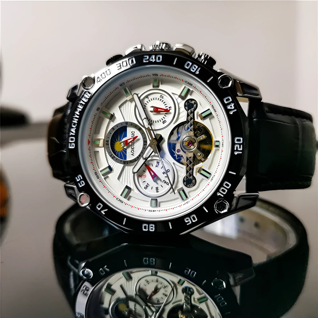 Men's automatic mechanical watch with a 12mm thick case showing various colour options like silver, black, and gold.