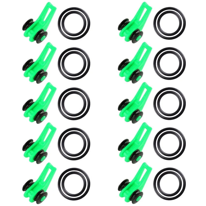 Pack of 10 plastic lure bait hangers in orange, green, blue, and other colours for fishing tackle organisation